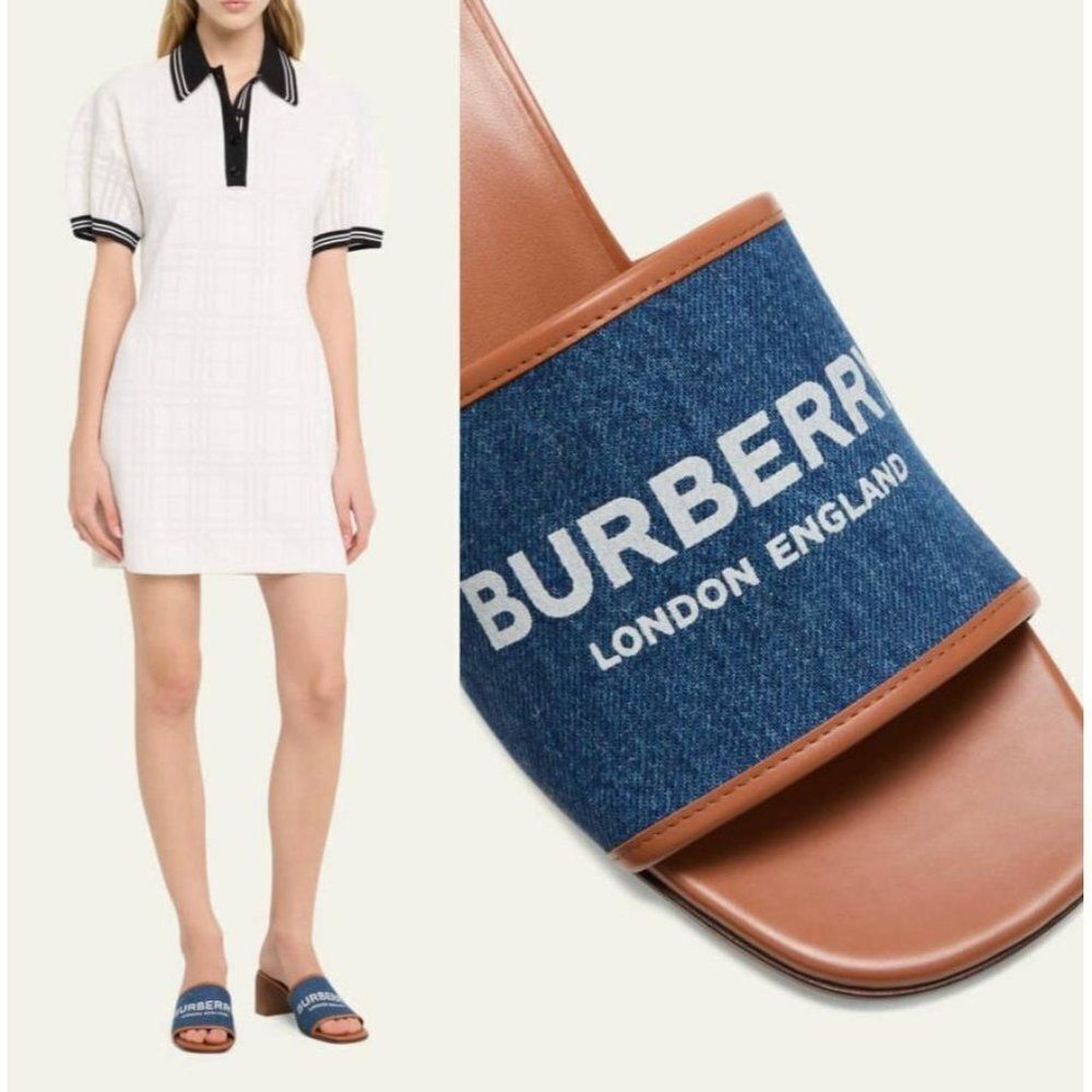 NWT BURBERRY Wilma Logo Blue & Brown Broad Strap Square Open Toe Mules S…
